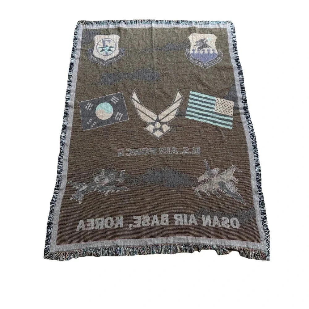 vtg United States Air Force vintage throw blanket woven fringe 74 X52 USAF Korea